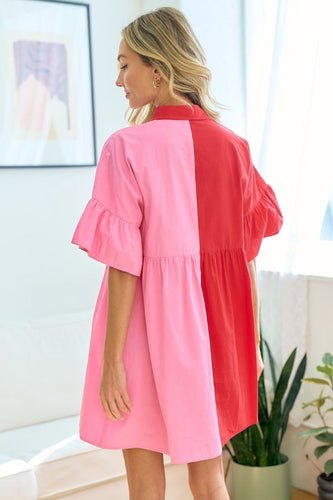 Heidi-Mode | First Love Vollgröße Farbig Blockiertes Knopfhemd Babydoll Kleid