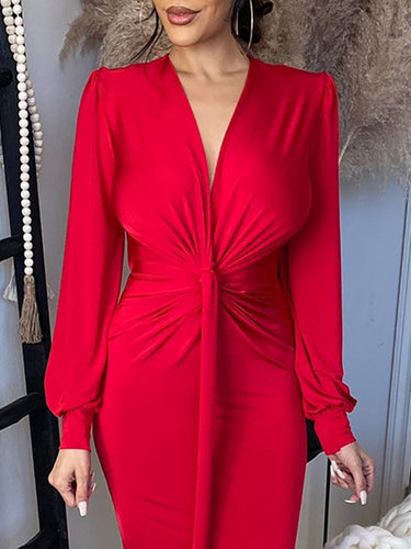 Heidi-Mode | Damen Kleider V-Ausschnitt Langarm Slim Fit Schlitze Kleid