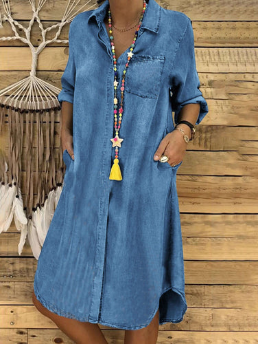 Heidi-Mode | Denim Solid Umlegekragen Einreiher Taschen Midi Kleid