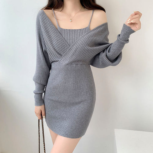 Heidi-Mode | Fake Zweiteiler Slim Fit Langarm Strickkleid