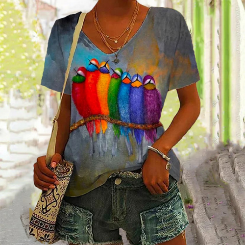 Heidi-Mode | Bunte T-Shirt mit Abstraktem Vogel