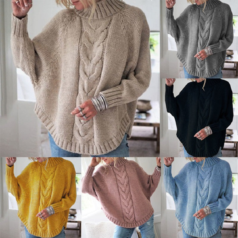 Damen Grobstrick Pullover mit hohem Kragen und dekorativem Zopfmuster Heidi-Mode