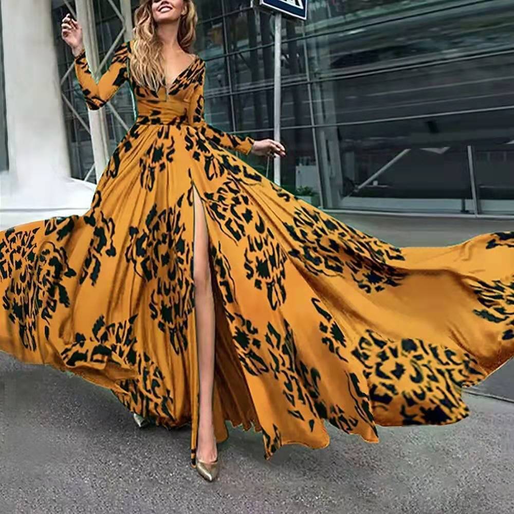 Heidi-Mode | Damen Kleidung Ankunft Kleid Spalte Leopardenmuster Schlank Fit Sexy Tiefer V-Ausschnitt Langärmliges Kleid