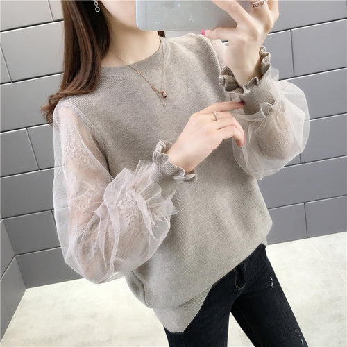 Damen Pullover mit transparenten, voluminösen Ärmeln Heidi-Mode