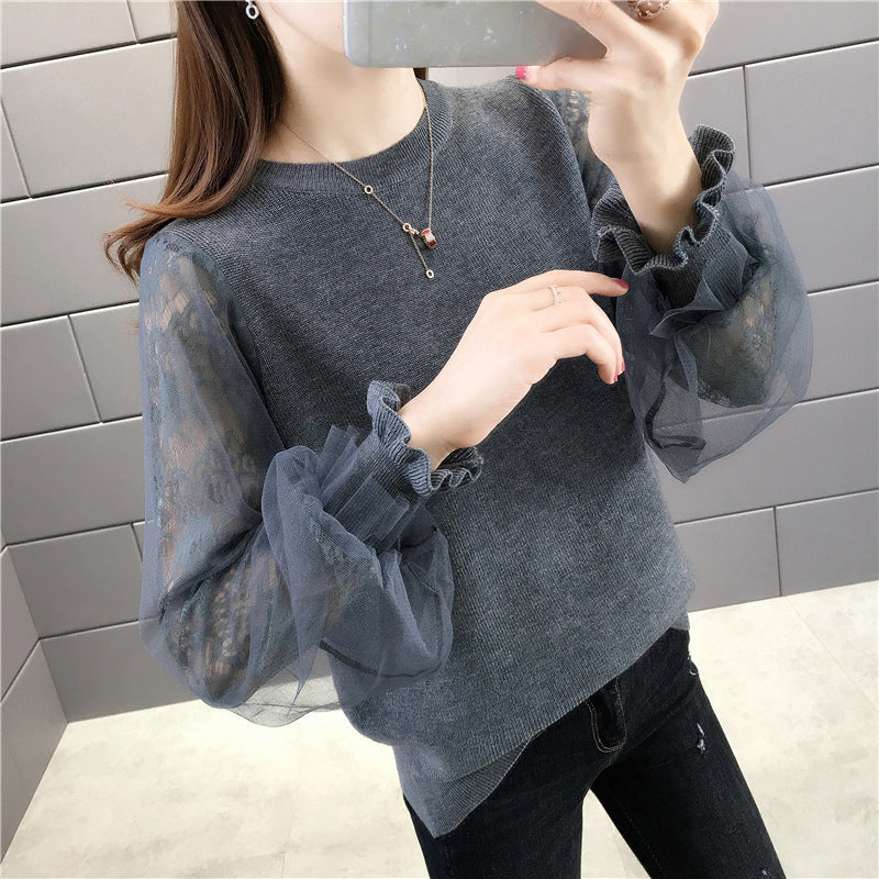 Damen Pullover mit transparenten, voluminösen Ärmeln Heidi-Mode