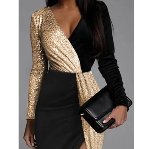 Goldenes Glitzerkleid mit Schlitz und V-Ausschnitt