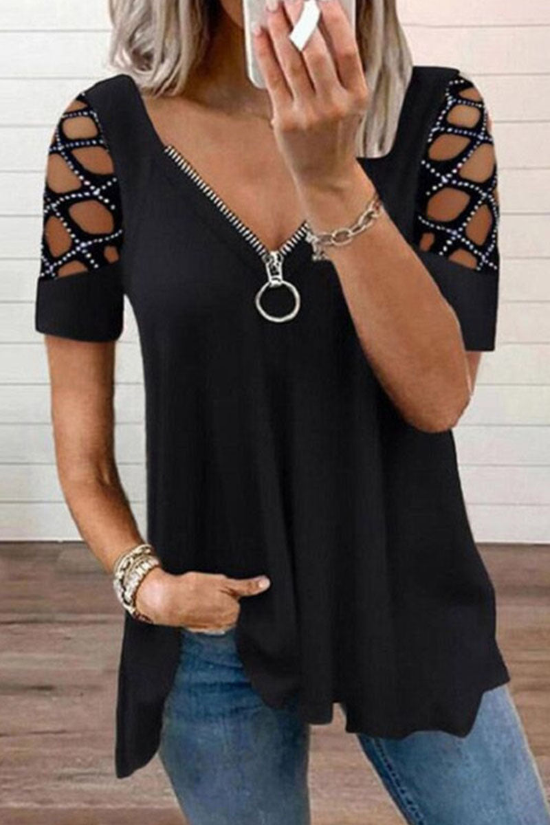 Heidi-Mode | Fashion Casual Solid Patchwork V-Ausschnitt T-Shirts