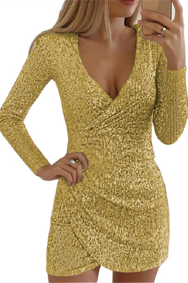 Mode Pailletten V-Ausschnitt asymmetrisches Kleid