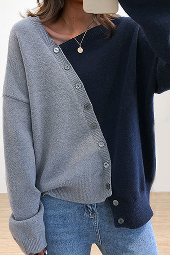 Heidi-Mode | Casual Patchwork Schnalle Kontrast Schräger Kragen Tops Pullover