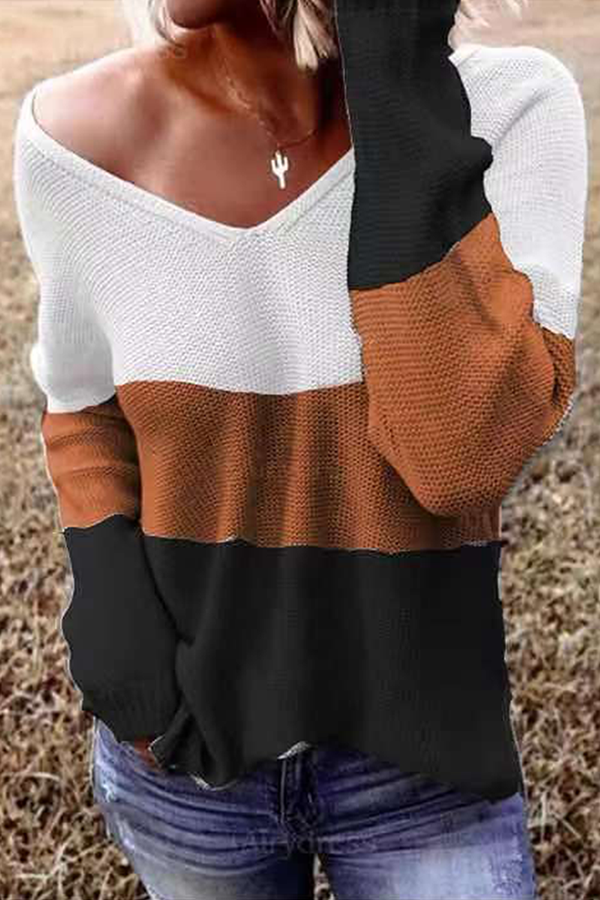 Heidi-Mode | Legere Gestreifte Patchwork-Kontrast V-Ausschnitt Tops