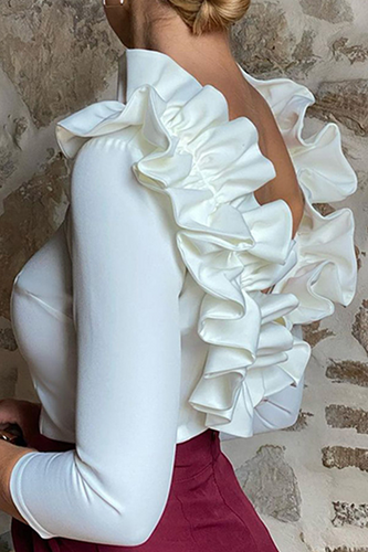 Heidi-Mode | Klassische Elegante Unifarbene Rückenfreie Rüschen Lotusblätter Kragen Oberteile - 3 Farben