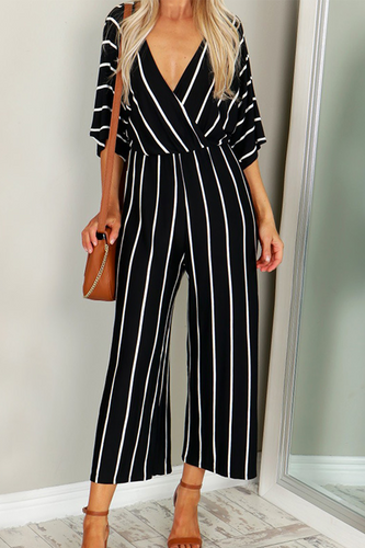 Heidi-Mode | Lässige Gestreifte Patchwork V-Ausschnitt Gerade Jumpsuits