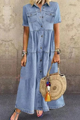 Heidi-Mode | Lässiges Einfarbiges Alter Umgeschlagen Kragen Kurzarm Hochtailliertes Regelmäßiges Denim Kleid