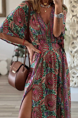 Heidi-Mode | College Floral Schlitz V-Ausschnitt Bedrucktes Kleid Kleider