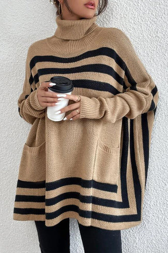 Heidi-Mode | Street Gestreifte Patchwork Taschen Rollkragen Tops