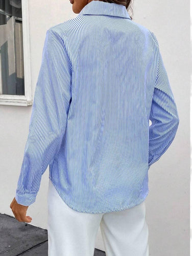 Heidi-Mode - Schick und Klassisch Herbst Blau Gestreift Lange Ärmel Shirt für Frauen