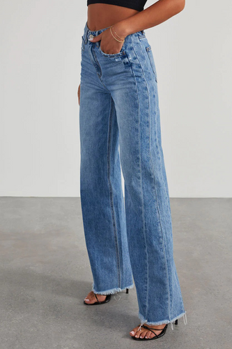 Heidi-Mode | Lässige Street Einfarbige Tasche Hohe Taille Lockere Denim Jeans