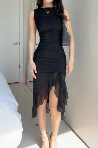 Heidi-Mode | Sexy Celebrities Einfarbige Faltige Asymmetrische O-Ausschnitt Unregelmäßiges Kleid Kleider