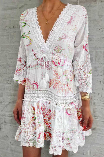Heidi-Mode | Süß Elegante Florale Falt V-Ausschnitt Bedrucktes Kleid Kleider