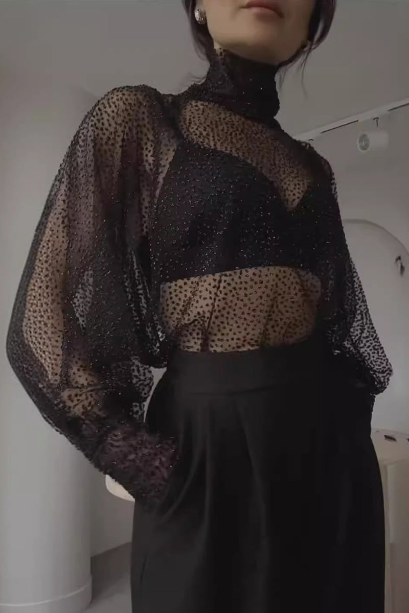 Heidi-Mode | Sexy Einfarbig Durchsichtige Pailletten Rollkragen Tops