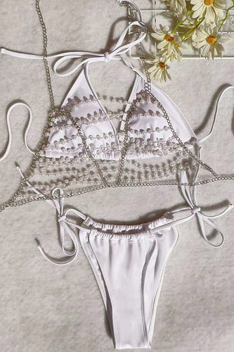 Heidi-Mode | Sexy Einfarbig Ketten Rückenlos Perlen Dekor Fluffy Badeanzug Drei-Teile Set - Mit Polsterung