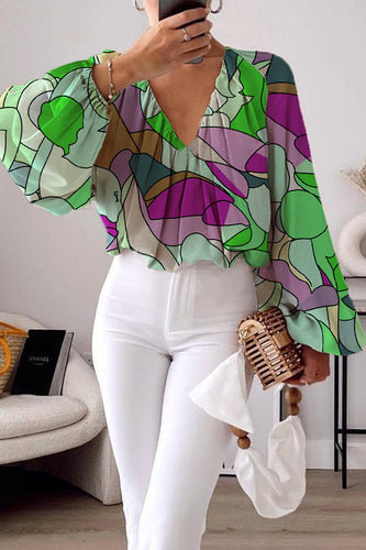 Heidi-Mode | Elegante Farbblockdruck Raffung V-Ausschnitt Tops