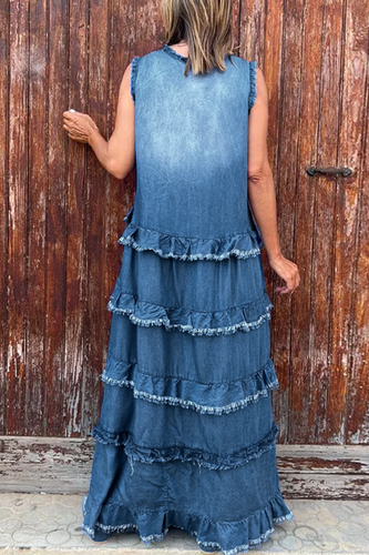 Heidi-Mode | Lässige Zerrissene Rüsche V-Ausschnitt Ärmellose Lockere Denim Kleider - 3 Farben