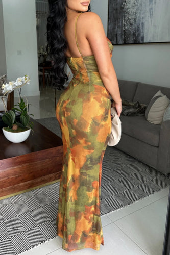 Heidi-Mode | Sexy Print Rückenfreies Gurt Longkleid mit Spaghettiträgern