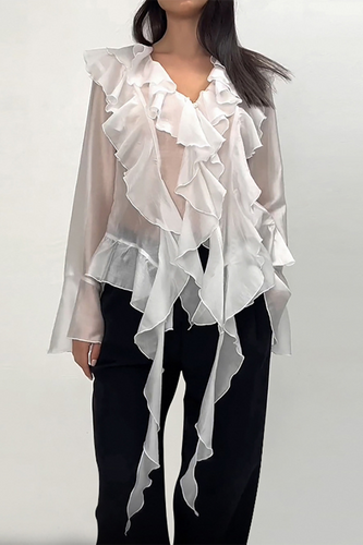 Heidi-Mode | Elegante Einfarbige Durchsichtige Rüschenausschnitt Lotusblattkragen Tops