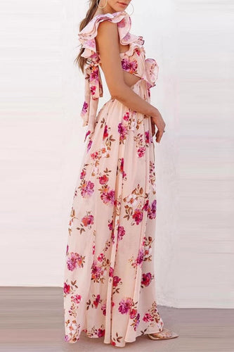 Heidi-Mode | Sexy Urlaub Floral Print Schnürung Ketten Rüsche V-Ausschnitt Lange Kleider