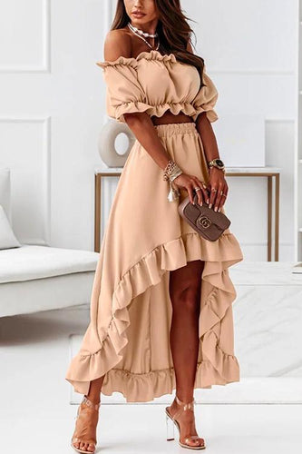 Heidi-Mode | Off Shoulder Crop Top Hohe Niedrige Kante Rock Volant Set
