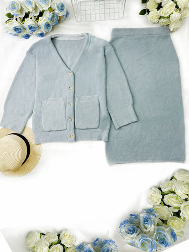 Heidi Mode | Unifarbener Hellblauer Pullover-Set