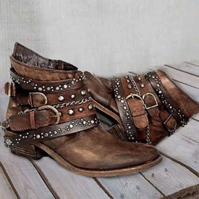 Heidi-Mode | Damen Abgelebte Leder Ankle Boots, Mehrere Riemen mit Schnallen, Western Stil