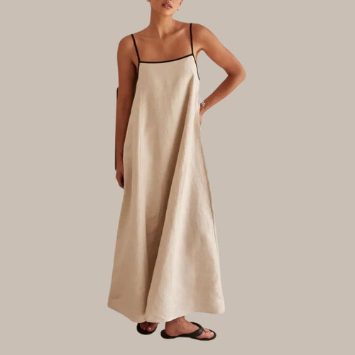 Heidi-Mode | Langes Leinenkleid mit Kontrastierenden Piping