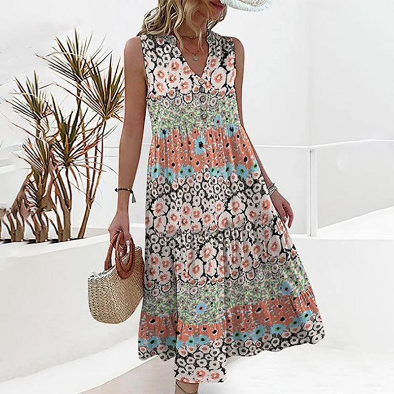 Elegante ärmelloses Sommerkleid mit V-Ausschnitt und Blumenmuster