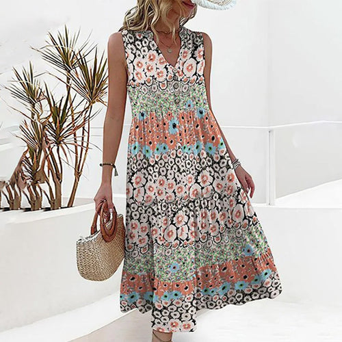 Elegante ärmelloses Sommerkleid mit V-Ausschnitt und Blumenmuster