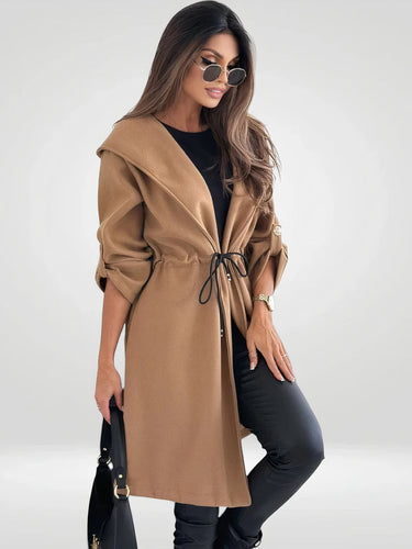 Heidi-Mode | Lange Damen Strickjacke mit Breiter Kapuze und Verstellbarem Gürtel