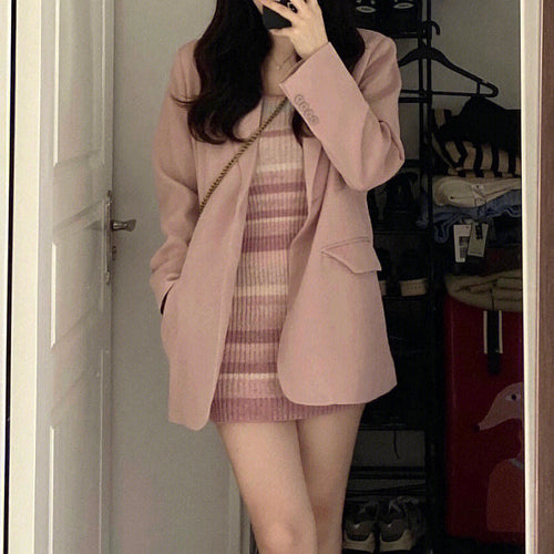 Heidi-Mode | Gestreiftes Strickkleid Mit Langen Ärmeln Pink Blazer Oberteil