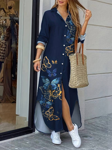 Maxi Hemdblusenkleid mit Schmetterlingsdruck