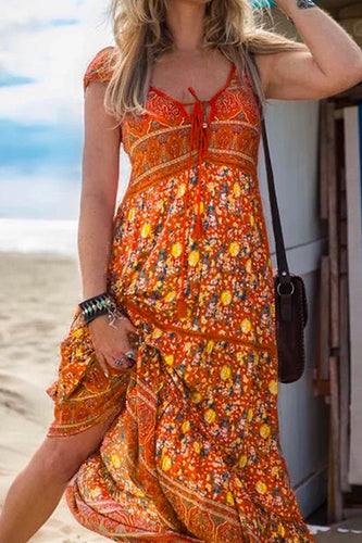 Heidi-Mode | Quasten V-Ausschnitt Bohemian Gedrucktes Maxi Strandkleid