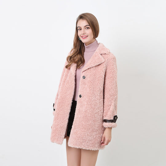 Damen Flauschiger Kurzmantel mit modischem Kragen und Knöpfen Heidi-Mode