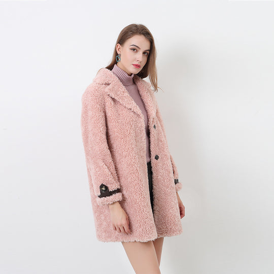 Damen Flauschiger Kurzmantel mit modischem Kragen und Knöpfen Heidi-Mode