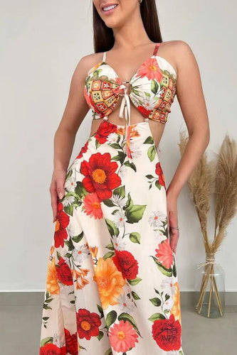 Heidi-Mode | Monet Blooming Rose Tie Back Cut-Out Maxi Kleid