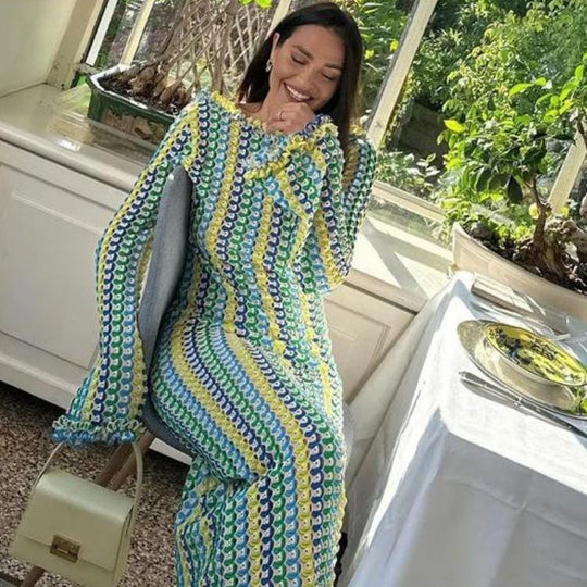 Langärmliges Häkel-Maxikleid mit Streifenmuster