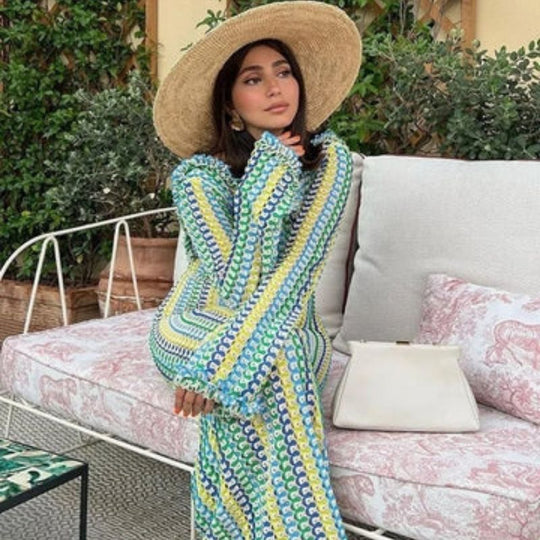 Langärmliges Häkel-Maxikleid mit Streifenmuster