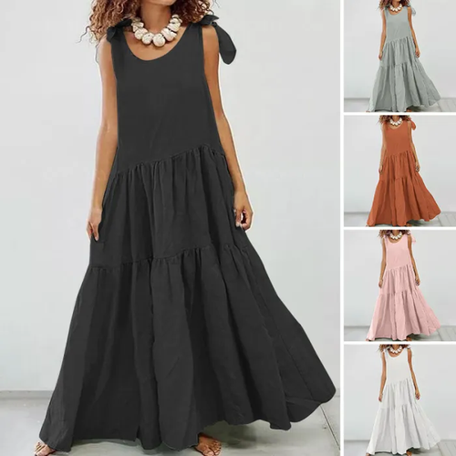 Mode Fest Farbe Schnürung Weste Casual geraffte Maxi Kleid