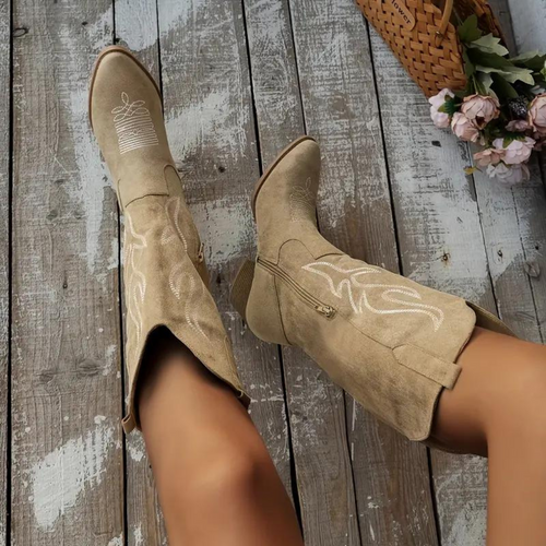 Heidi-Mode | Cowboy Stiefel Retro Chunky Heel Spitzstiefel mit Stylischem Seitenreißverschluss