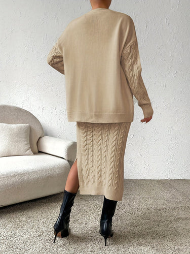 Heidi-Mode | Zopf Muster Strickrock, Eleganter, Vorne Geknöpfter Ausschnitt, Überschnittene Schultern, Langärmlige Strickjacke und Hoch Taillierter, Geschlitzter, Schmaler Rock, Outfits für Damen