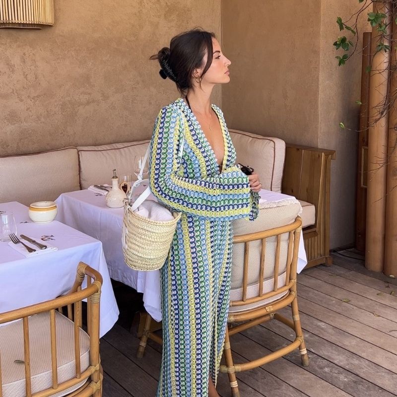 Langärmliges Häkel-Maxikleid mit Streifenmuster