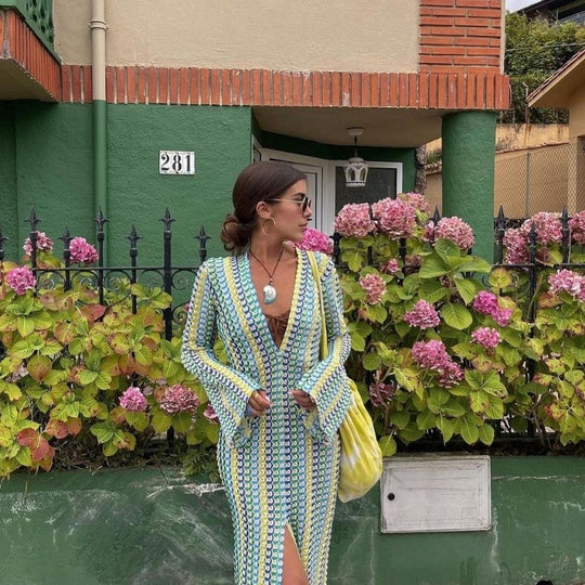 Langärmliges Häkel-Maxikleid mit Streifenmuster